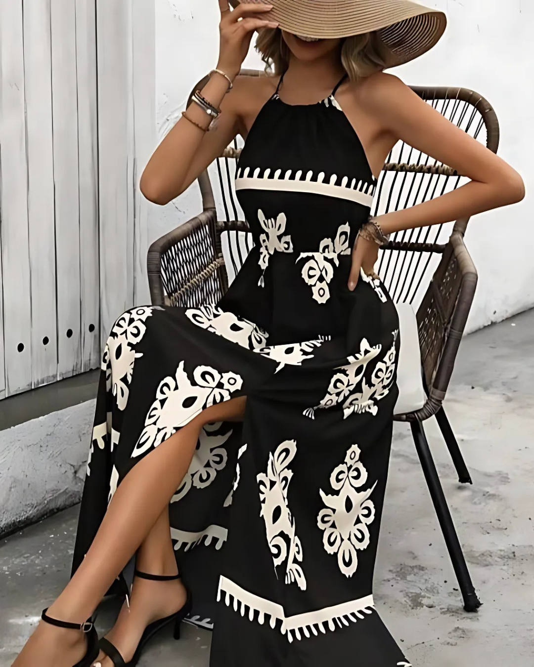 Noir Bloom Halter Maxi Dress