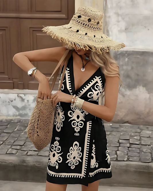 Black Sand Bloom Embroidered Mini Dress