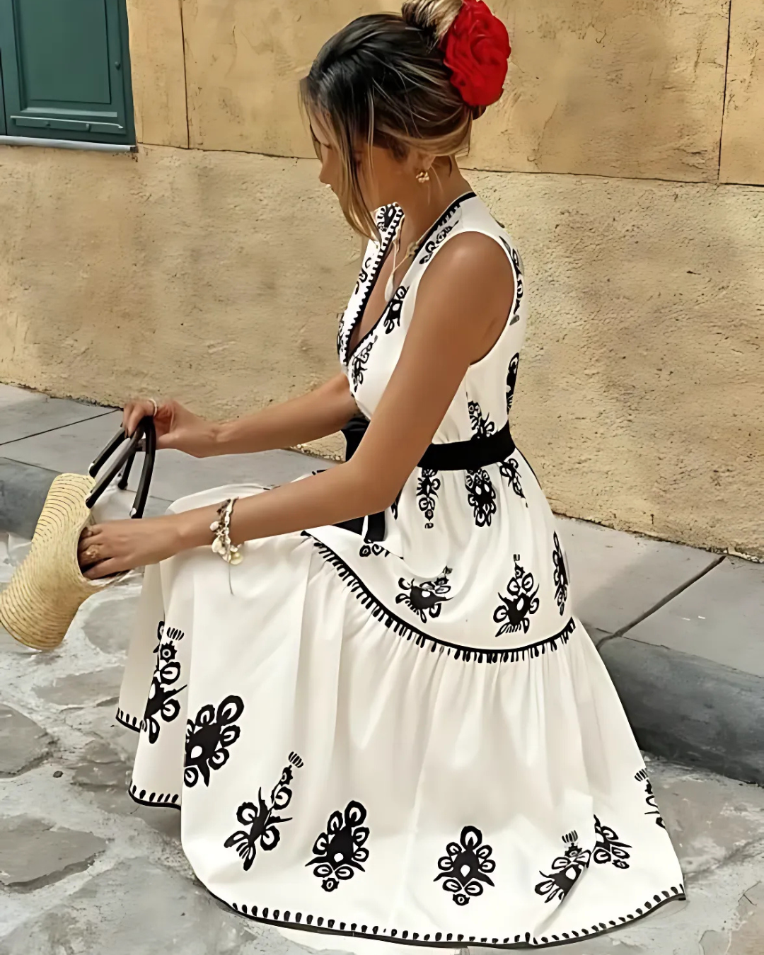 Monochrome Muse Tie-Waist Dress