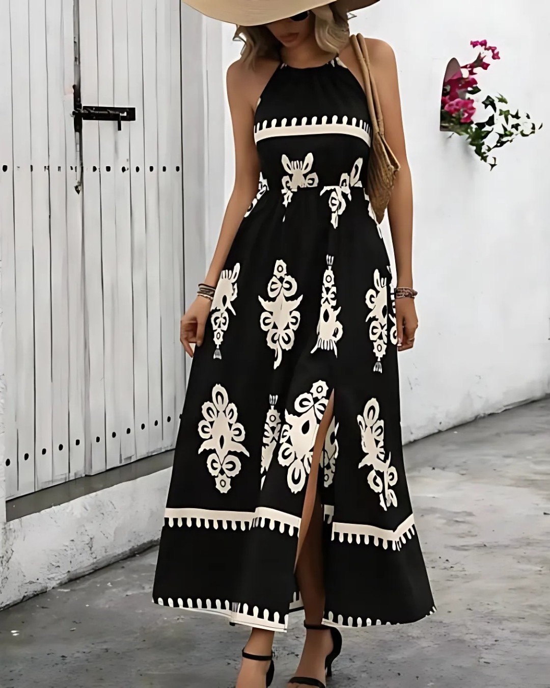 Noir Bloom Halter Maxi Dress