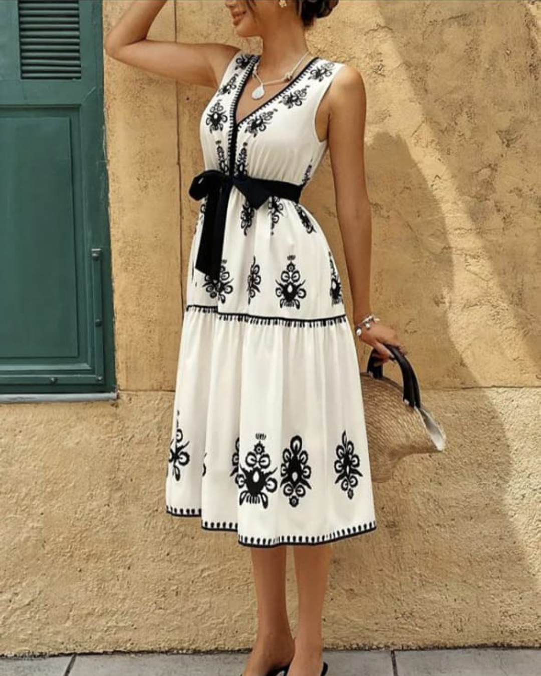 Monochrome Muse Tie-Waist Dress
