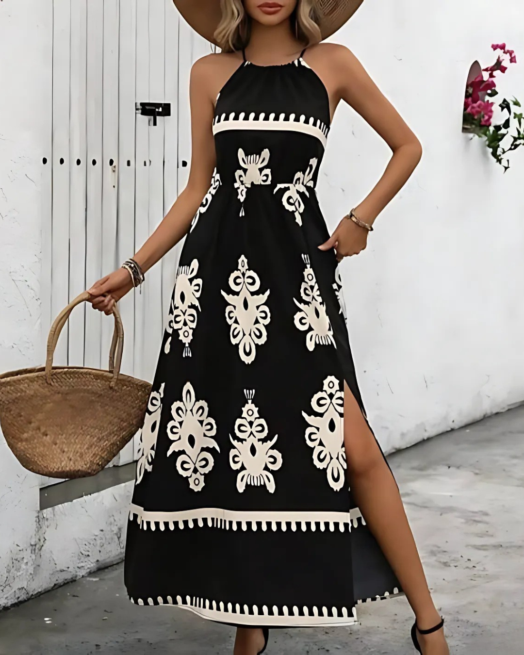 Noir Bloom Halter Maxi Dress