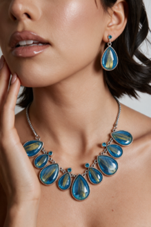 Teal Blue Rutilated Teardrop Necklace & Earring Set