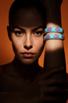 Turquoise & Purple Enamel Clover Motif Bangle Bracelets Set.