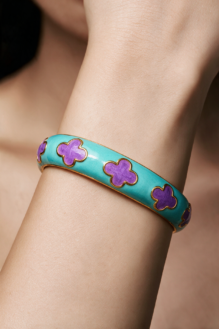 Turquoise & Purple Enamel Clover Motif Bangle Bracelets Set.