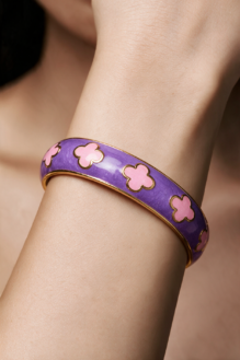 Purple & Pink Enamel Clover Motif Bangle Bracelets Set.