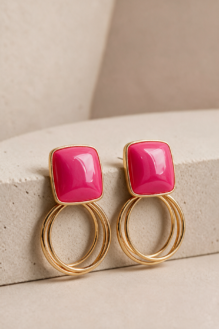 Hot Pink Enamel & Gold Multi-Ring Drop Earrings
