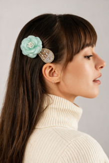 Lavender Fabric Rose & Opaline Crystal Statement Hair Clip Barrette.