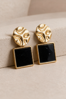 Hammered Gold & Black Square Resin Drop Earrings
