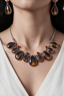 Crimson & Amber Rutilated Teardrop Necklace & Earring Set