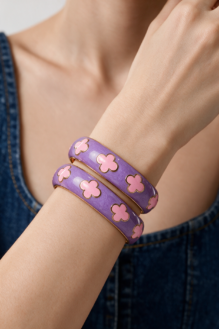 Purple & Pink Enamel Clover Motif Bangle Bracelets Set.