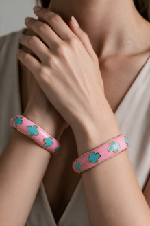 Pink & Turquoise Enamel Clover Motif Stacking Bangle Bracelets Set.