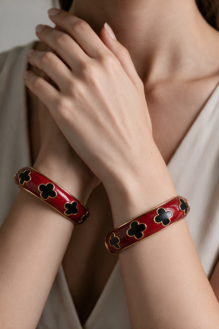 Red & Black Enamel Clover Motif Bangle Bracelets Set.