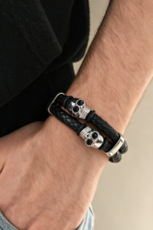 Double Skull Leather Bracelet