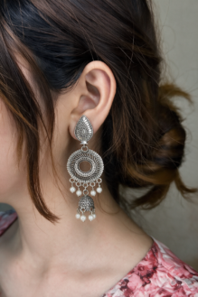 Antique Oxidised Silver Teardrop & Mandala Pearl Jhumka Earrings