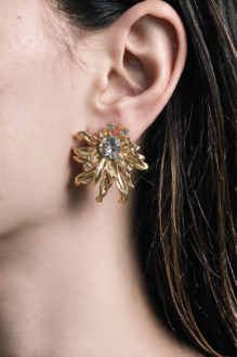 Gold-Plated Floral Leaf Statement Stud Earrings – Sparkling Stone Embellished Jewellery