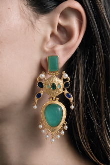 Gold-Plated Sea-Green Traditional Drop Earrings – Dual-Tone Statement Jewellery