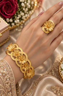 Heritage Gold-Plated Interlinked Floral Filigree Cuff Bracelet and Matching Ring Set