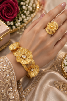 Heritage Gold-Plated Sunburst Floral Cuff Bracelet and Matching Ring Set