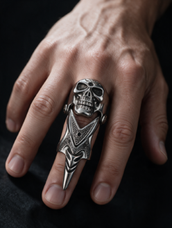 Silver-Tone Gothic Skull & Claw Full-Finger Armor Ring – Edgy Punk