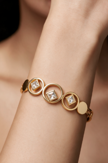Gold-Tone Circular Link Bracelet with Square-Cut Crystal