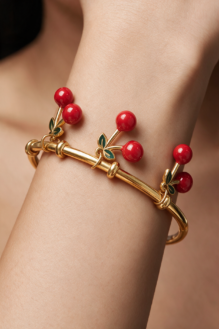 Gold-Plated Cherry Charm Cuff Bracelet with Red Cherries & Green Enamel Leaves