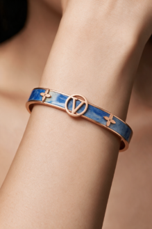 Blue & Rose Gold Enamel Cuff Bracelet with V Emblem & Floral Motifs