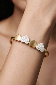 Gold-Plated Heart Design Crystal Bangle Bracelet – Elegant Heart-Shaped Statement Jewellery