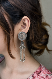 Antique Oxidised Silver Spiral Mandala Chain Fringe Jhumka Earrings