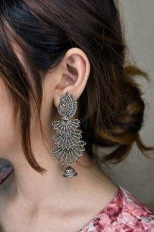 Antique Oxidised Silver Royal Peacock Fan Tiered Jhumka Earrings
