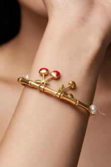 Gold-Tone Bamboo Charm Bracelet with Red Cherry & Pearl Accents