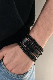 Men’s Multi-Strand Leather & Matte Onyx Bead Guitar Charm Bracelet Set