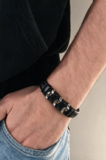 Men’s Braided Black Leather Bracelet with Sculpted Silver Links