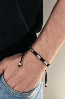 Men’s Woven Cord Bracelet with Engraved Silver Tube Beads