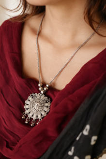 Antique Oxidised Silver Peacock Mandala Medallion Pendant Necklace