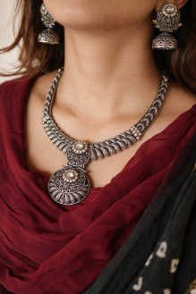 Antique Oxidised Silver Foliage Medallion Necklace & Jhumka Set
