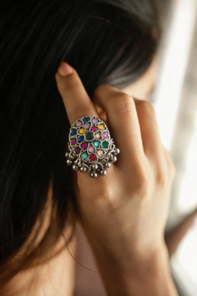Antique Oxidised Silver Multi-Stone Navratna Oval Ring