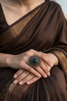 Antique Oxidised Silver Black Crystal Sunburst Statement Ring