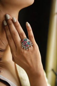 Antique Oxidised Silver Multi-Stone Square Navratna Ring
