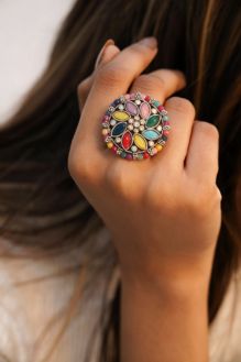 Antique Oxidised Silver Multi-Stone Floral Bloom Ring