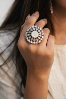Antique Oxidised Silver White Stone Floral Sunburst Ring