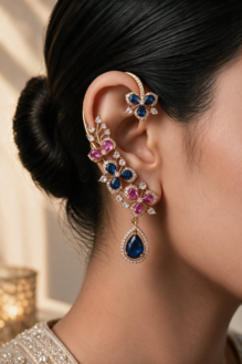 Rose Gold-Plated Multicolour Zircon Hanging Earrings & Ear Cuffs – Pink and Blue Stone Jewellery