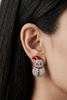 Festive Christmas Snowman Stud Earrings with Red Enamel Santa Hat & Sparkling Rhinestones