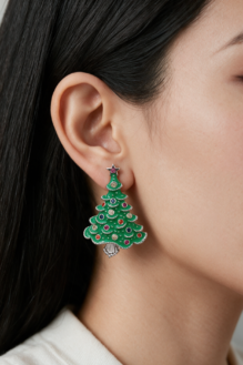 Festive Christmas Tree Enamel Earrings with Multicolour Crystal Rhinestones