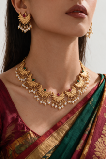 Traditional Temple Heritage Gold-Plated Kundan & Pearl Necklace and Earring Set