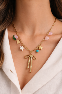 Boho-Fusion Gold Bow and Multi-Charm Statement Necklace