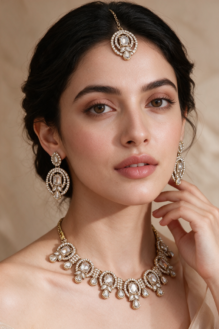 Traditional Temple Heritage Gold-Plated Polki Kundan Necklace, Earring, and Maang Tikka Bridal Set