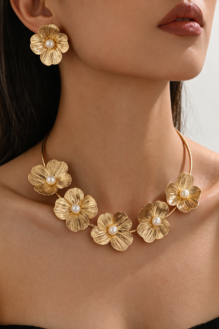 Golden Bloom Flower Choker Necklace & Earrings Set