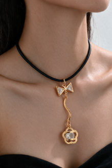 Black Cord Bow Choker Necklace with Crystal Flower Pendant – Elegant Statement Jewellery