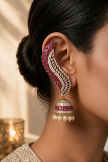 Gold-Tone Kemp Stone Ear Cuff Jhumka Earrings with Pearl Drops